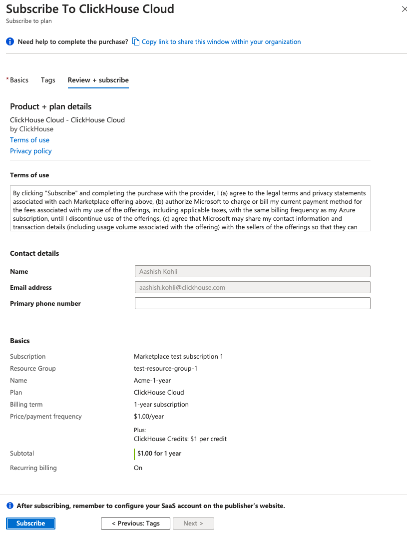 Azure Marketplace 구독 확인
