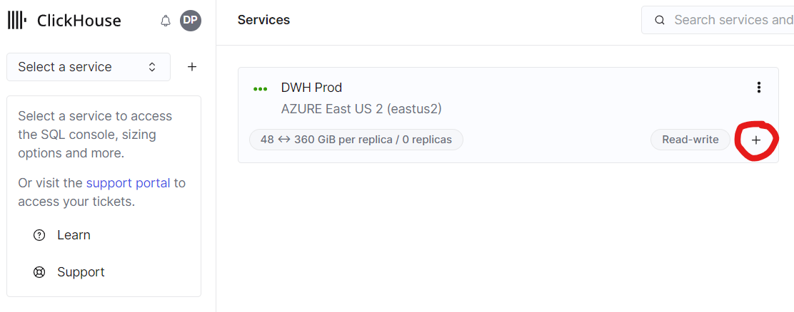 웨어하우스에서 새 서비스 생성