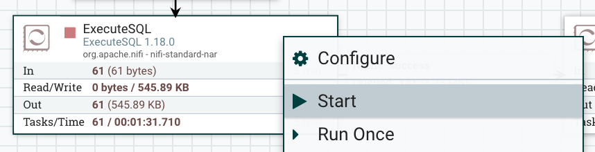 속성이 설정된 ExecuteSQL 프로세서 구성
