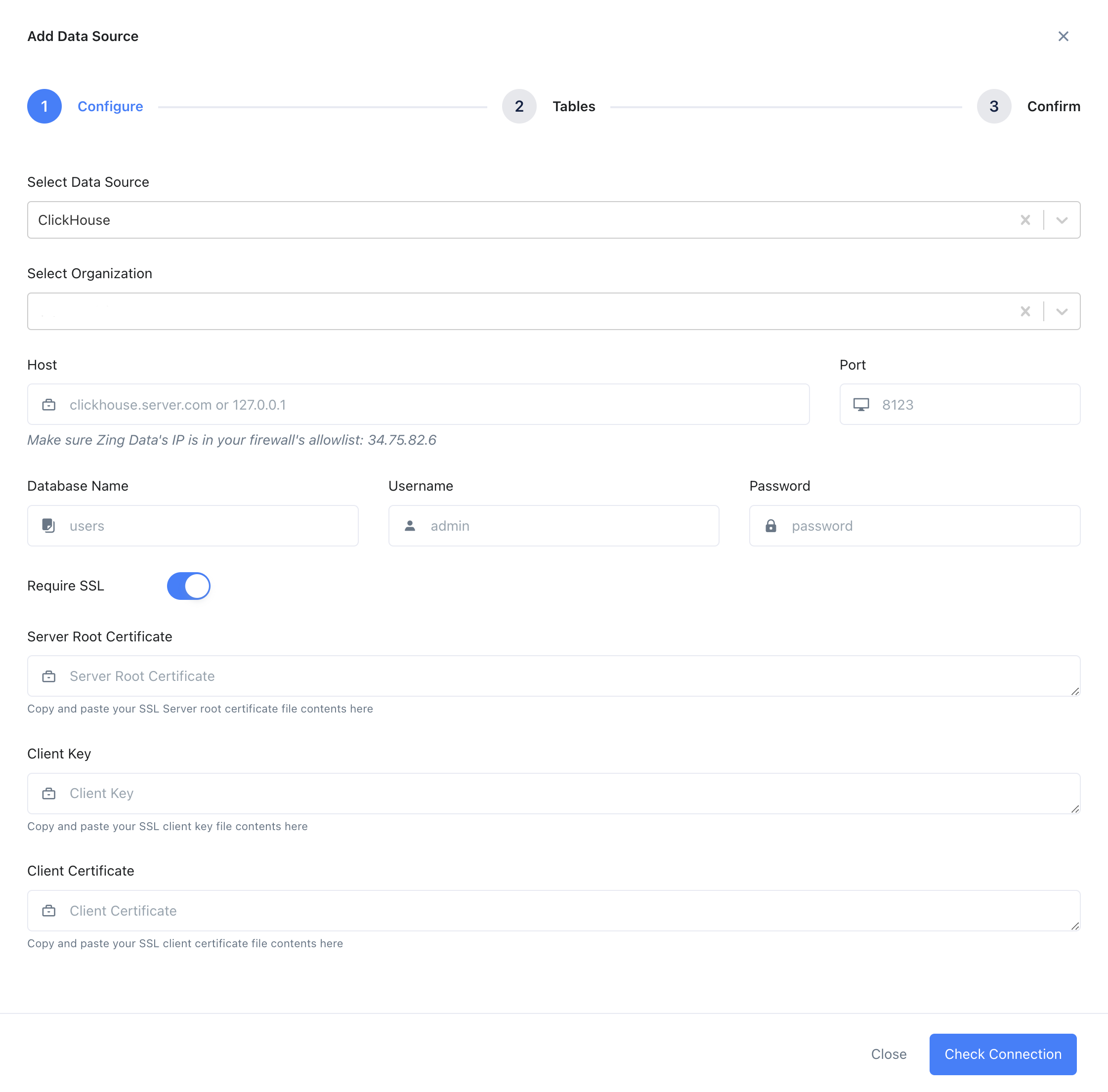 서버, 포트, 데이터베이스, 사용자 이름, 비밀번호 필드가 있는 Zing Data의 ClickHouse 연결 구성 폼